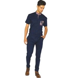 ROMPER JACK SHORT SLEEVE JUMPSUIT NAVY ROSE BLUE FLORAL TRIM JUMPERJACK LARGE